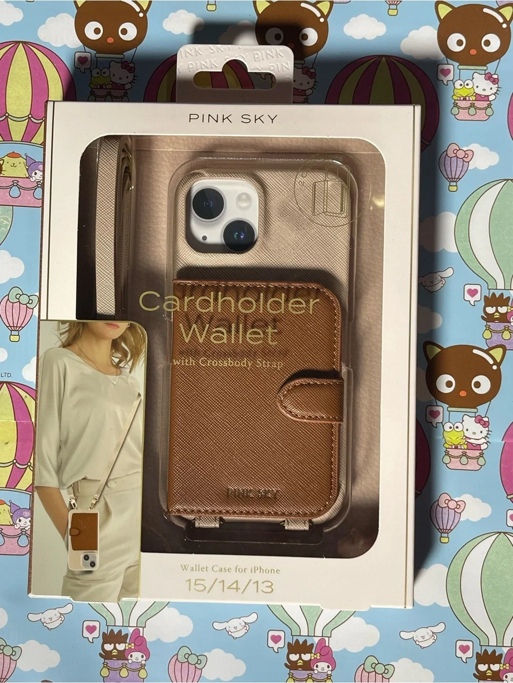 Pink Sky Brown Cardholder Wallet Case with Crossbody Strap for iPhone 15/14/13